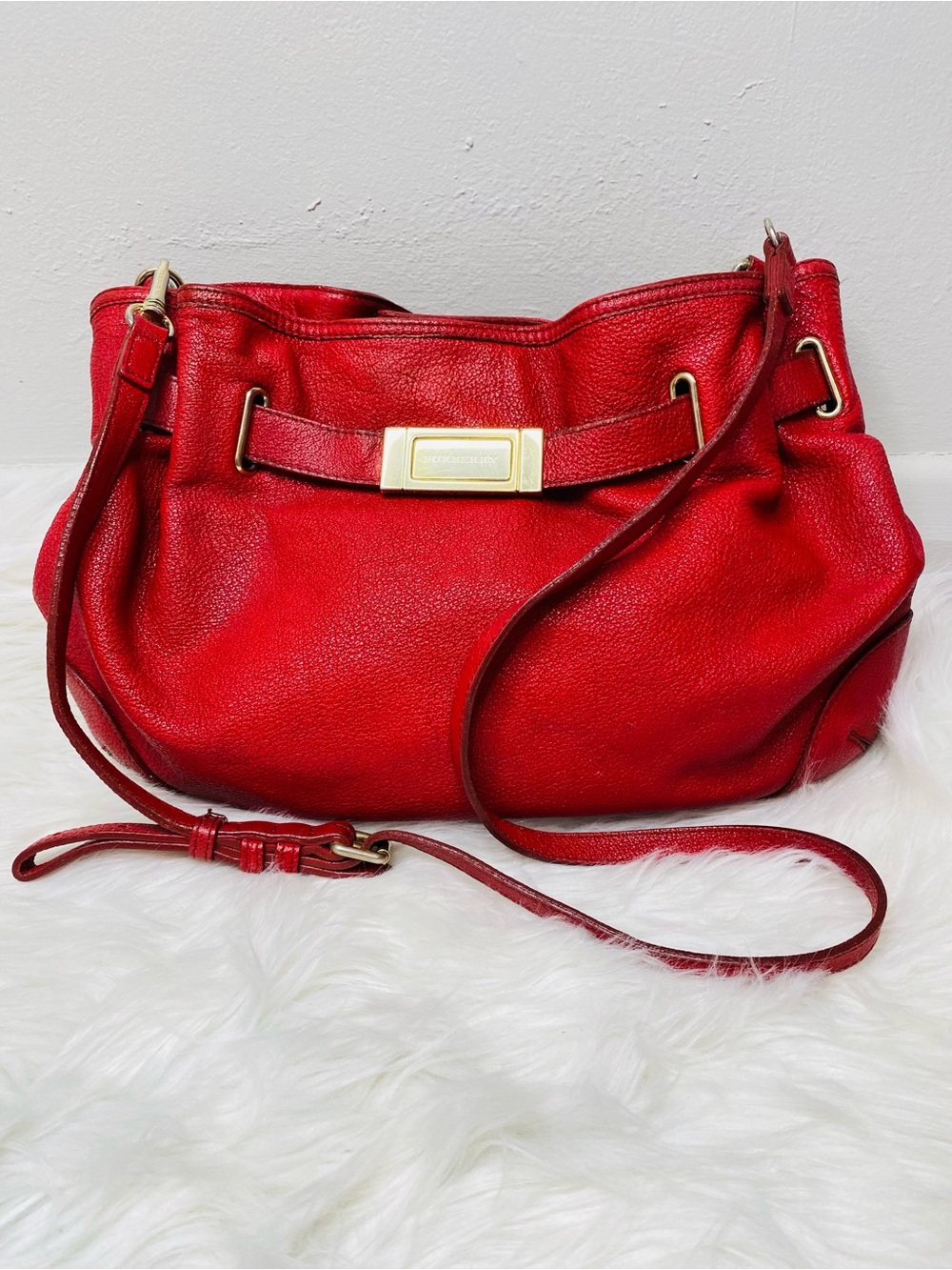 Burberry Willenmore Leather Hobo/ Crossbody Bag in Red Pebbled Calfskin Leather